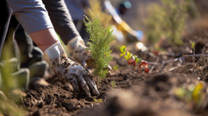 Close-up of gloved hands carefully planting a young tree in fertile soil, part of a reforestation project aimed at restoring and preserving the natural environment.
