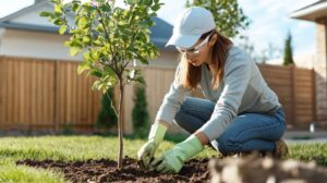 A person showing how to plant a tree in the backyard.